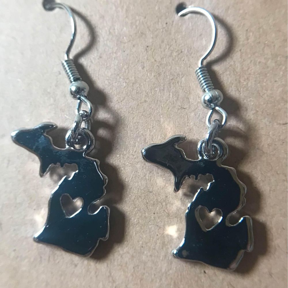 Silver Michigan Earrings With Upper And Lower Peninsula Handmade